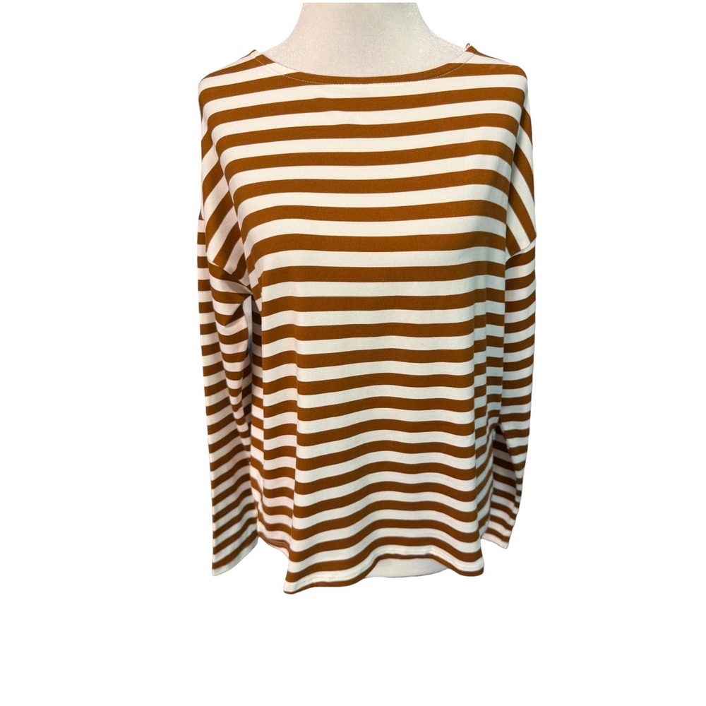 Bobeau Womens Striped Long Sleeve Top Ivory Caramel MT4KH9 Size Small NEW